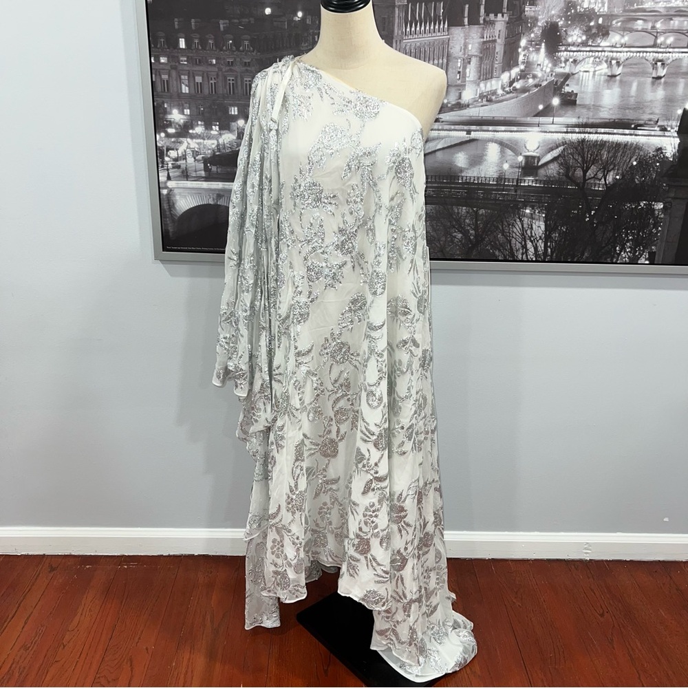 Mac Duggal Silver & Off White Metallic One Shoulder Draped Gown With Tie Belt